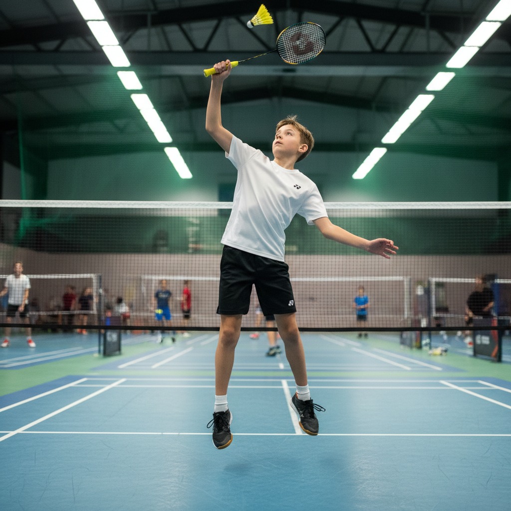 Un jeune joueur de badminton saute en l'air pour frapper le volant avec sa raquette dans une salle de sport intérieure.
